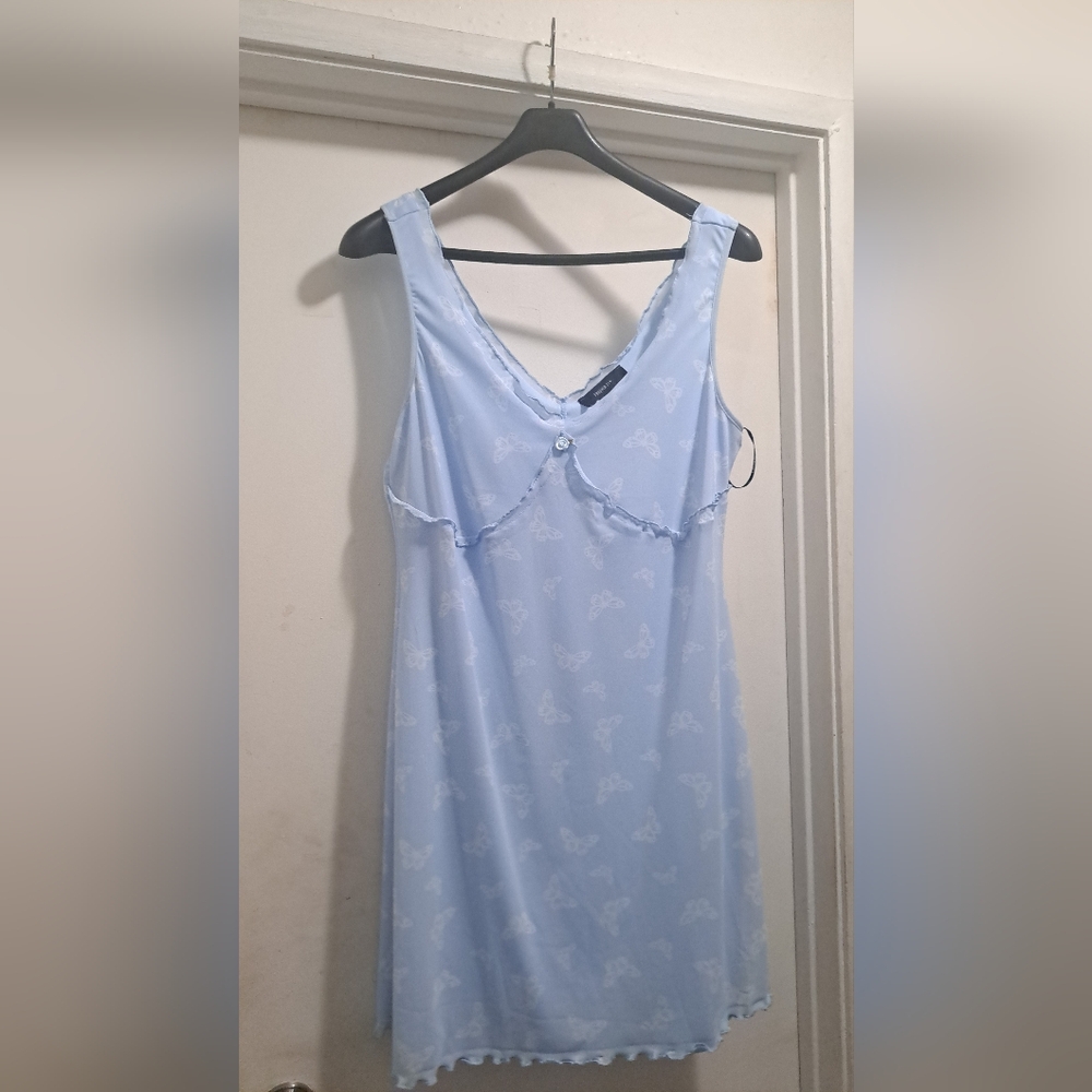 Forever 21 Bodycon Cami Mesh Sky Blue Midi Butterfly Print Dress Size XL US 0X